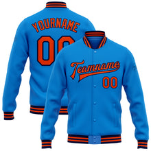 Load image into Gallery viewer, Custom Powder Blue Orange-Navy Bomber Full-Snap Varsity Letterman Jacket
