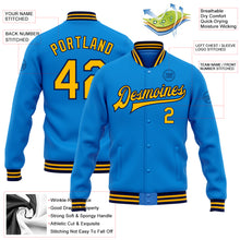 Load image into Gallery viewer, Custom Powder Blue Gold-Navy Bomber Full-Snap Varsity Letterman Jacket
