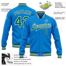 Load image into Gallery viewer, Custom Powder Blue Kelly Green-White Bomber Full-Snap Varsity Letterman Jacket
