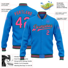 Load image into Gallery viewer, Custom Powder Blue Pink-Kelly Green Bomber Full-Snap Varsity Letterman Jacket
