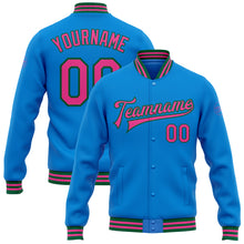 Load image into Gallery viewer, Custom Powder Blue Pink-Kelly Green Bomber Full-Snap Varsity Letterman Jacket
