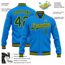 Load image into Gallery viewer, Custom Powder Blue Green-Gold Bomber Full-Snap Varsity Letterman Jacket
