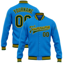 Load image into Gallery viewer, Custom Powder Blue Green-Gold Bomber Full-Snap Varsity Letterman Jacket
