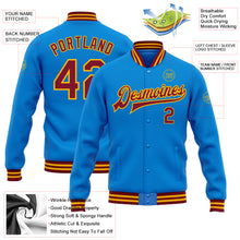 Load image into Gallery viewer, Custom Powder Blue Crimson-Gold Bomber Full-Snap Varsity Letterman Jacket
