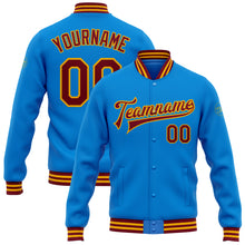 Load image into Gallery viewer, Custom Powder Blue Crimson-Gold Bomber Full-Snap Varsity Letterman Jacket
