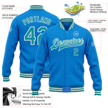 Load image into Gallery viewer, Custom Powder Blue Teal-White Bomber Full-Snap Varsity Letterman Jacket
