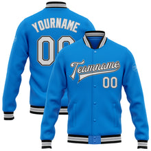 Load image into Gallery viewer, Custom Powder Blue White Black-Gray Bomber Full-Snap Varsity Letterman Jacket
