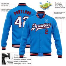 Load image into Gallery viewer, Custom Powder Blue White Navy-Red Bomber Full-Snap Varsity Letterman Jacket
