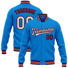 Load image into Gallery viewer, Custom Powder Blue White Navy-Red Bomber Full-Snap Varsity Letterman Jacket
