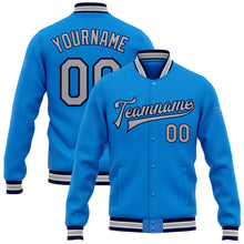 Load image into Gallery viewer, Custom Powder Blue Gray-Navy Bomber Full-Snap Varsity Letterman Jacket
