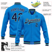 Load image into Gallery viewer, Custom Powder Blue Navy Gray-Teal Bomber Full-Snap Varsity Letterman Jacket
