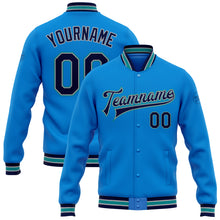 Load image into Gallery viewer, Custom Powder Blue Navy Gray-Teal Bomber Full-Snap Varsity Letterman Jacket
