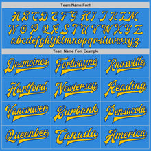 Load image into Gallery viewer, Custom Powder Blue Royal-Yellow Bomber Full-Snap Varsity Letterman Jacket
