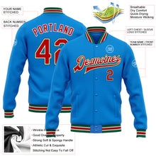 Load image into Gallery viewer, Custom Powder Blue Red-Kelly Green Bomber Full-Snap Varsity Letterman Jacket
