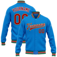 Load image into Gallery viewer, Custom Powder Blue Red-Kelly Green Bomber Full-Snap Varsity Letterman Jacket
