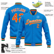 Load image into Gallery viewer, Custom Powder Blue Orange-Kelly Green Bomber Full-Snap Varsity Letterman Jacket
