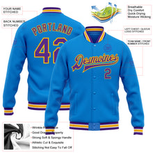 Load image into Gallery viewer, Custom Powder Blue Purple-Gold Bomber Full-Snap Varsity Letterman Jacket
