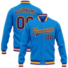 Load image into Gallery viewer, Custom Powder Blue Purple-Gold Bomber Full-Snap Varsity Letterman Jacket
