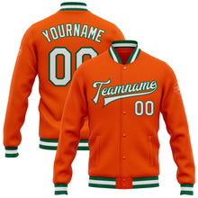 Load image into Gallery viewer, Custom Orange White-Kelly Green Bomber Full-Snap Varsity Letterman Jacket
