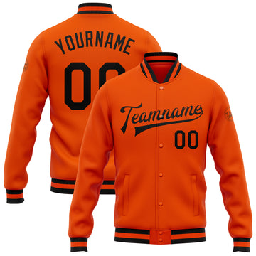 Custom Orange Black Bomber Full-Snap Varsity Letterman Jacket