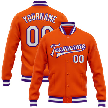 Custom Orange White-Purple Bomber Full-Snap Varsity Letterman Jacket