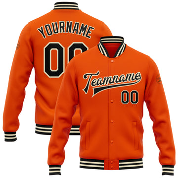 Custom Orange Black-Cream Bomber Full-Snap Varsity Letterman Jacket