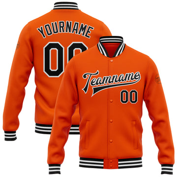 Custom Orange Black-White Bomber Full-Snap Varsity Letterman Jacket