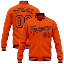 Load image into Gallery viewer, Custom Orange Navy Bomber Full-Snap Varsity Letterman Jacket
