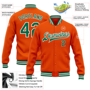 Custom Orange Kelly Green-White Bomber Full-Snap Varsity Letterman Jacket