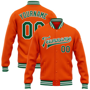 Custom Orange Kelly Green-White Bomber Full-Snap Varsity Letterman Jacket