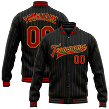 Load image into Gallery viewer, Custom Black Old Gold Pinstripe Red Bomber Full-Snap Varsity Letterman Jacket
