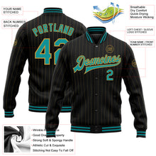 Load image into Gallery viewer, Custom Black Old Gold Pinstripe Teal Bomber Full-Snap Varsity Letterman Jacket
