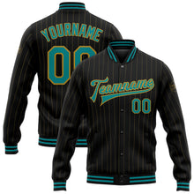 Load image into Gallery viewer, Custom Black Old Gold Pinstripe Teal Bomber Full-Snap Varsity Letterman Jacket
