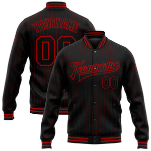 Custom Black Red Pinstripe Red Bomber Full-Snap Varsity Letterman Jacket