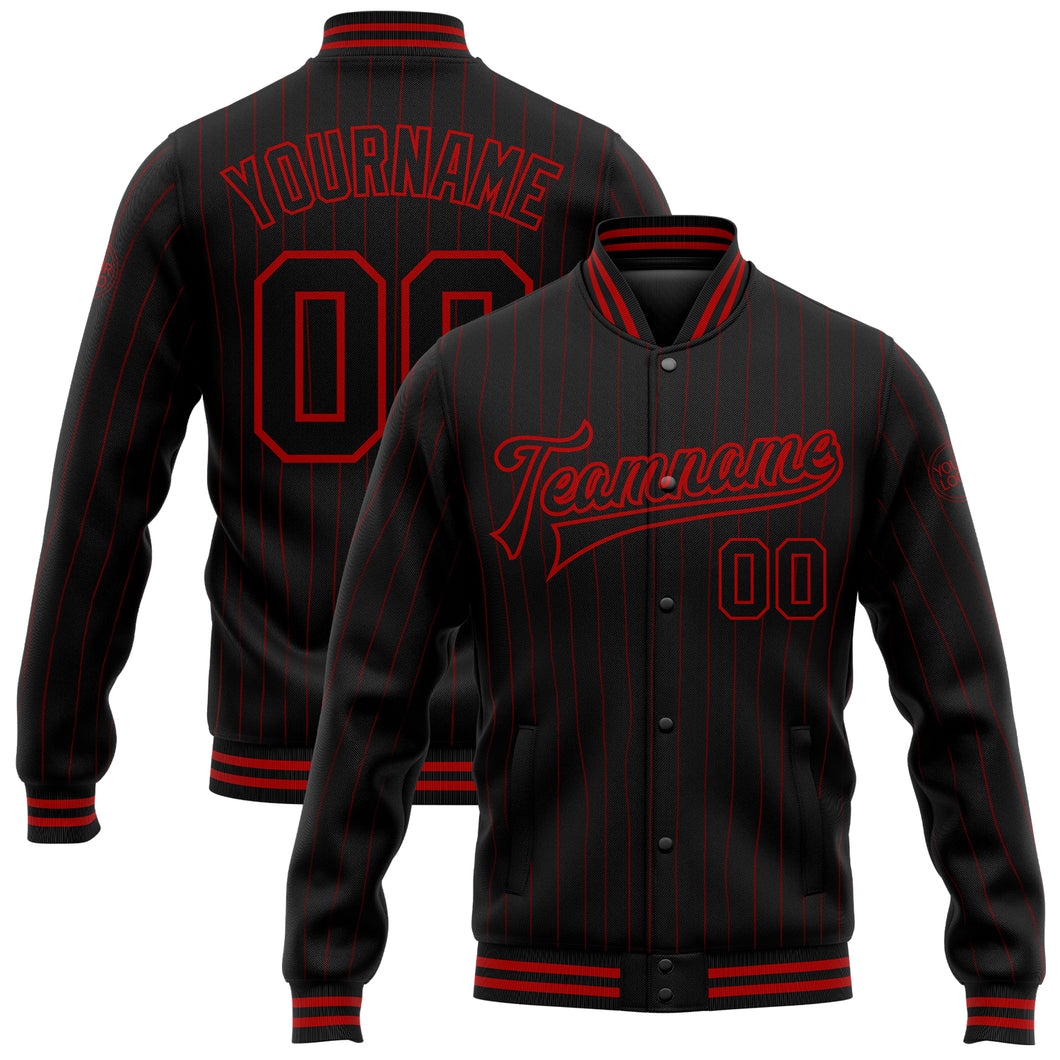 Custom Black Red Pinstripe Red Bomber Full-Snap Varsity Letterman Jacket