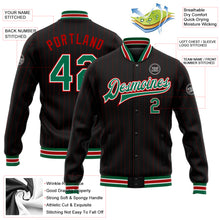 Load image into Gallery viewer, Custom Black Red Pinstripe Kelly Green-White Bomber Full-Snap Varsity Letterman Jacket
