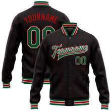 Load image into Gallery viewer, Custom Black Red Pinstripe Kelly Green-White Bomber Full-Snap Varsity Letterman Jacket
