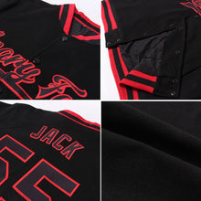 Load image into Gallery viewer, Custom Black Red Pinstripe Red-White Bomber Full-Snap Varsity Letterman Jacket
