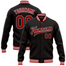 Load image into Gallery viewer, Custom Black Red Pinstripe Red-White Bomber Full-Snap Varsity Letterman Jacket
