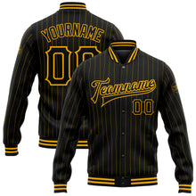 Load image into Gallery viewer, Custom Black Gold Pinstripe Gold Bomber Full-Snap Varsity Letterman Jacket
