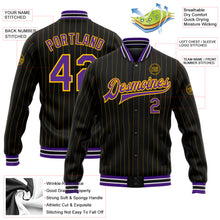 Load image into Gallery viewer, Custom Black Gold Pinstripe Purple-White Bomber Full-Snap Varsity Letterman Jacket
