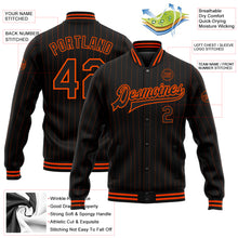 Load image into Gallery viewer, Custom Black Orange Pinstripe Orange Bomber Full-Snap Varsity Letterman Jacket
