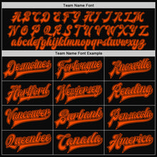 Load image into Gallery viewer, Custom Black Orange Pinstripe Orange Bomber Full-Snap Varsity Letterman Jacket
