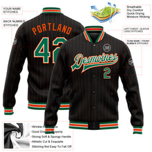 Load image into Gallery viewer, Custom Black Orange Pinstripe Kelly Green-White Bomber Full-Snap Varsity Letterman Jacket
