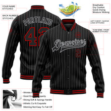 Load image into Gallery viewer, Custom Black Gray Pinstripe Red Bomber Full-Snap Varsity Letterman Jacket
