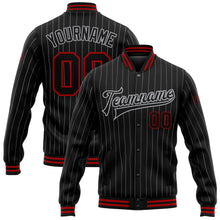 Load image into Gallery viewer, Custom Black Gray Pinstripe Red Bomber Full-Snap Varsity Letterman Jacket
