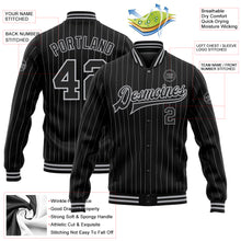 Load image into Gallery viewer, Custom Black Gray Pinstripe Gray Bomber Full-Snap Varsity Letterman Jacket
