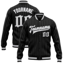 Load image into Gallery viewer, Custom Black Gray Pinstripe White Bomber Full-Snap Varsity Letterman Jacket
