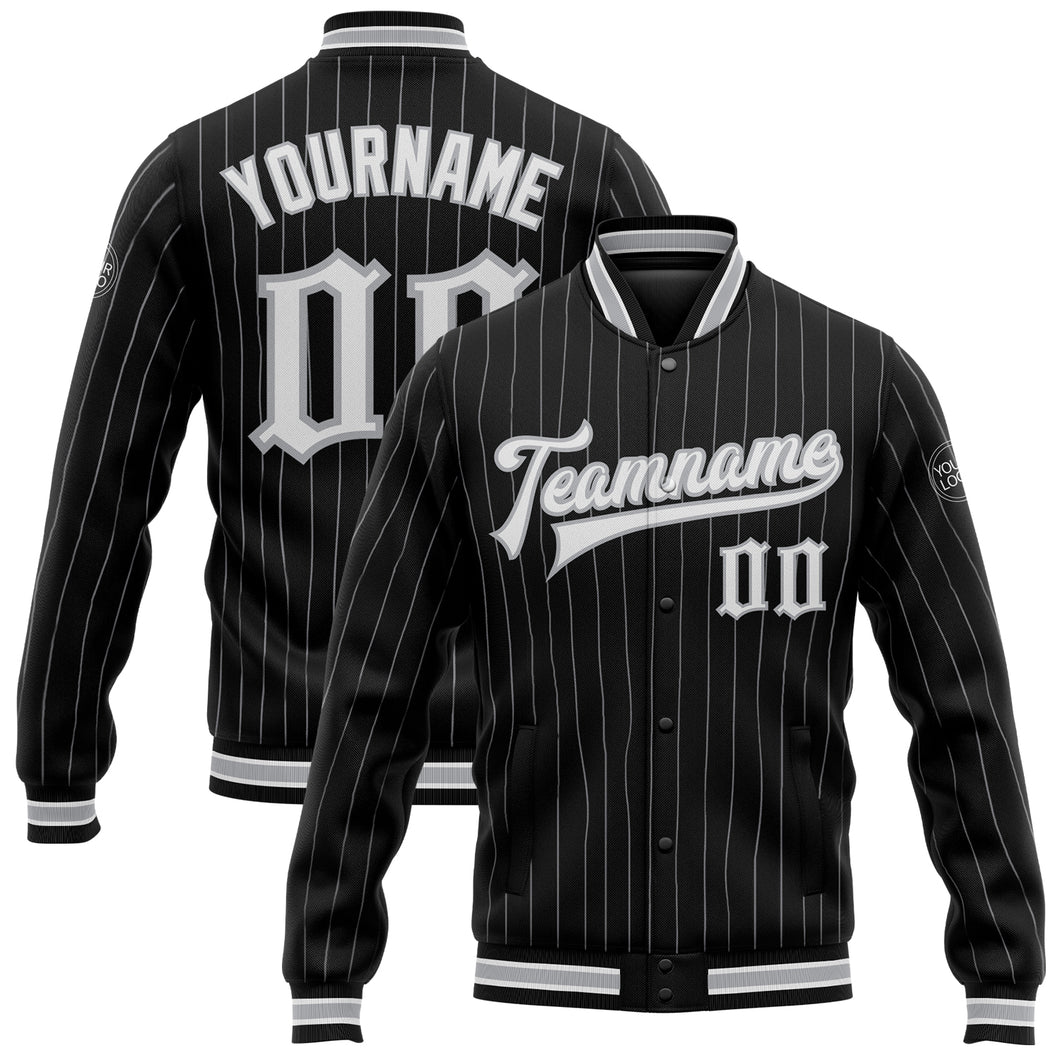 Custom Black Gray Pinstripe White Bomber Full-Snap Varsity Letterman Jacket