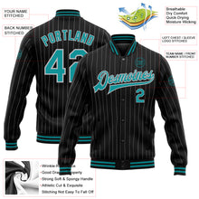 Load image into Gallery viewer, Custom Black Gray Pinstripe Teal Bomber Full-Snap Varsity Letterman Jacket
